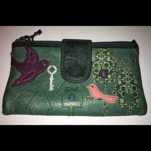 FOSSIL Wallet Bird Birdhouses Teal
